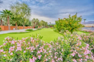 A manicured putting green is surrounded by flowering shrubs, palm trees, and greenery under a partly cloudy sky.