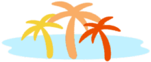 Three stylized palm trees in yellow, orange, and red stand on a small blue island with no other details.