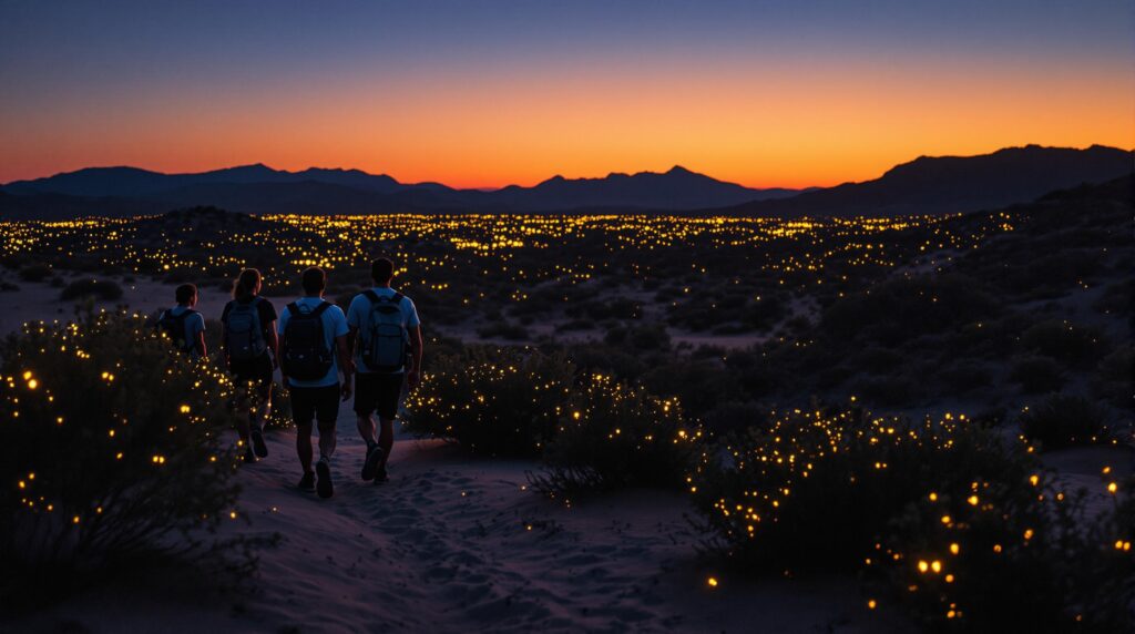 Three hikers pause on a sandy desert trail at twilight, surrounded by glowing fireflies and desert shrubs under a deep blue sky.