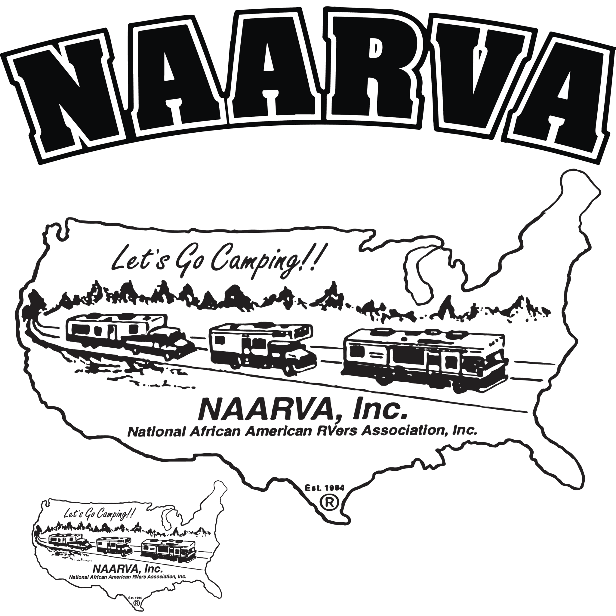 Outline of the U.S. with two RVs and the words “Let’s Go Camping!! NAARVA, Inc. National African American RVers Association, Inc.” above and below the vehicles.