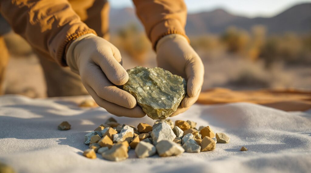Gloved hands holding a green peridotite xenolith above breccia fragments on a canvas mat in a sunlit desert with blurred Joshua trees in the background.