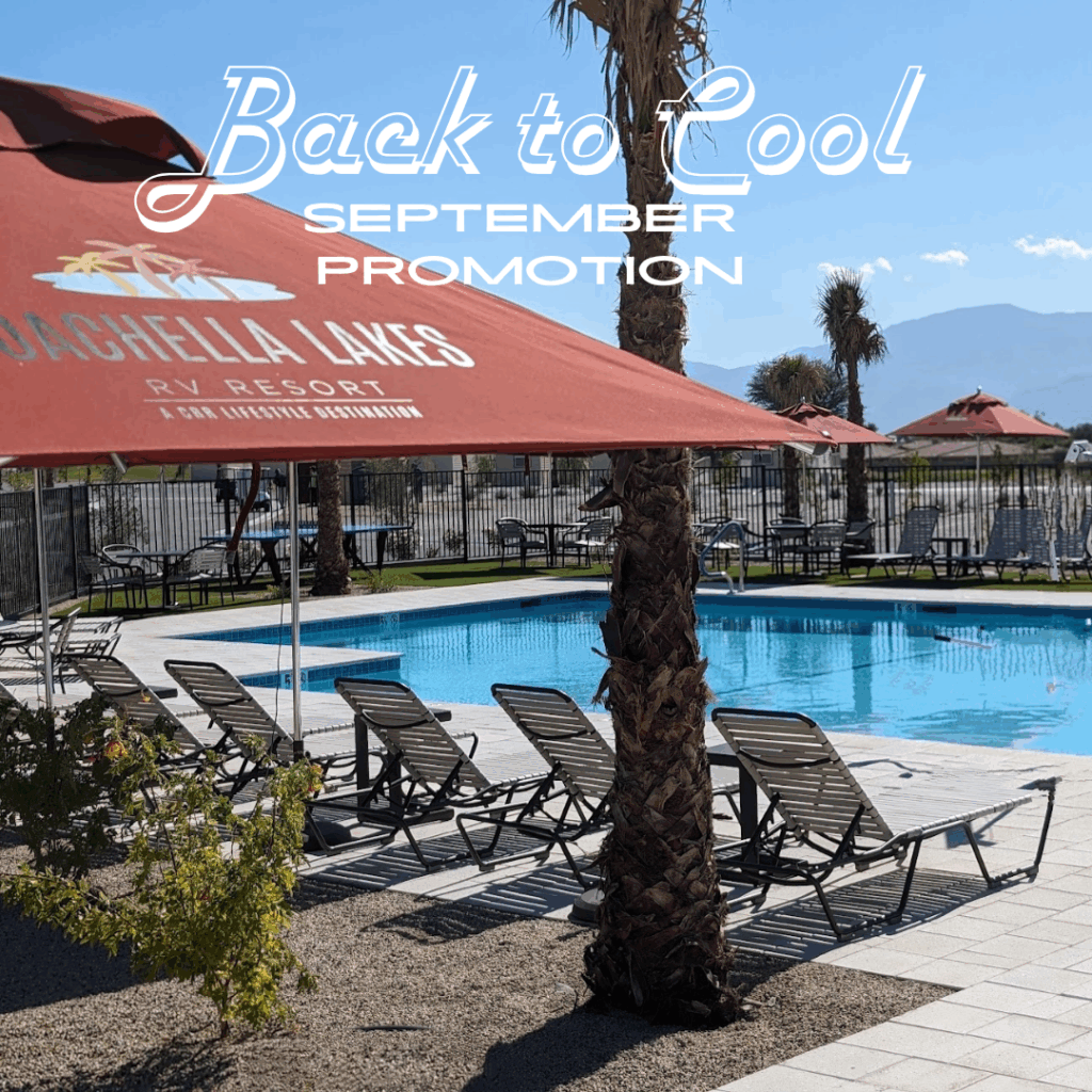 Outdoor pool area with lounge chairs and red umbrellas at an RV resort; text reads "Back to Cool September Promotion.