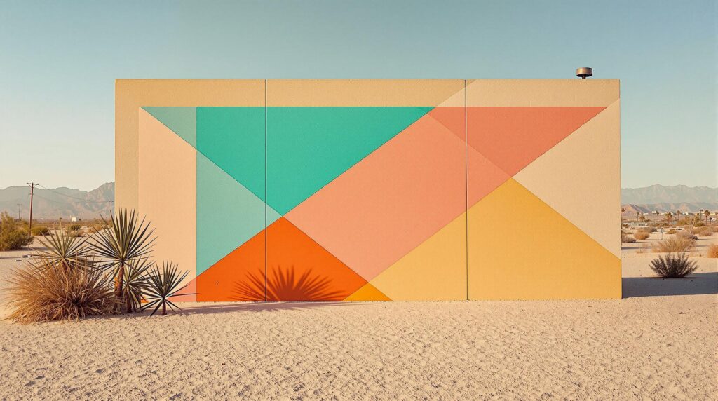 Colorful abstract mural on an adobe wall in a sunlit desert setting with palm fronds, sandy ground, and hazy mountains in the background.
