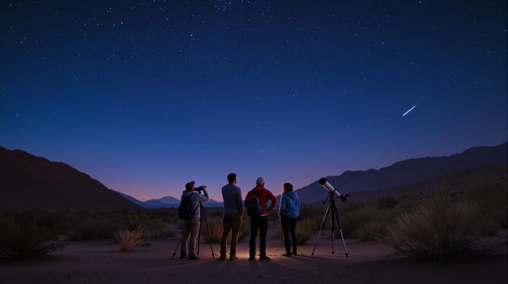 A diverse group of sky watchers stands in a sandy desert before dawn, using a telescope and binoculars to scan a star-filled sky with a faint light streak, surrounded by low brush and distant hills under a twilight glow.