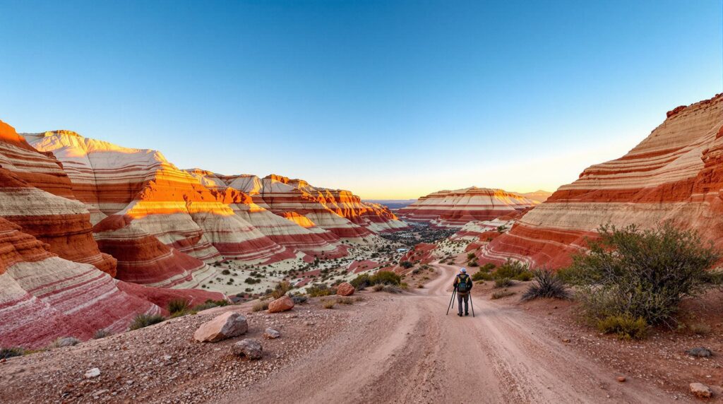 Photographer taking pictures of colorful layered canyon walls in a quiet desert landscape at sunrise, with warm light highlighting ochre, rose, and green rock formations in Coachella, California.