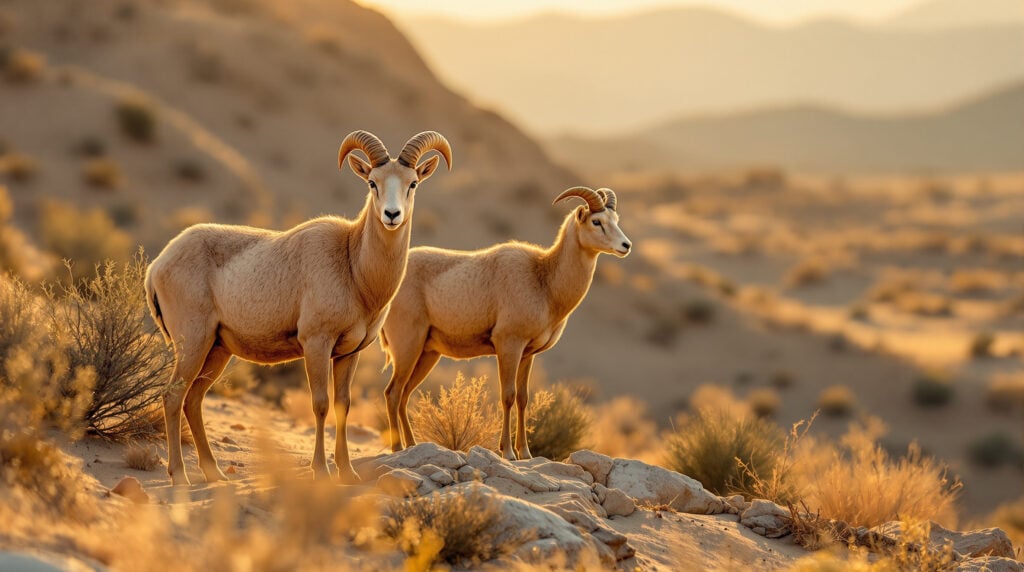 A small group of desert bighorn sheep stands on a rocky ridge under golden late-afternoon sunlight, with soft shadows and blurred desert hills in the background.