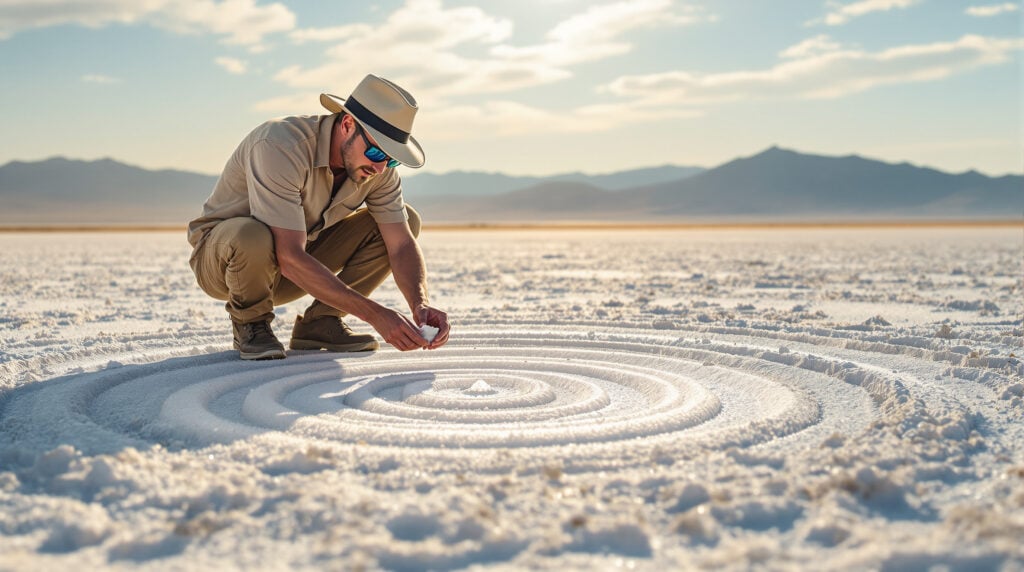 A field geologist in a sunhat examines salt crystals on a shimmering sabkha plain with evaporite halos in the Coachella Valley desert, distant mountains and blue sky in the background.