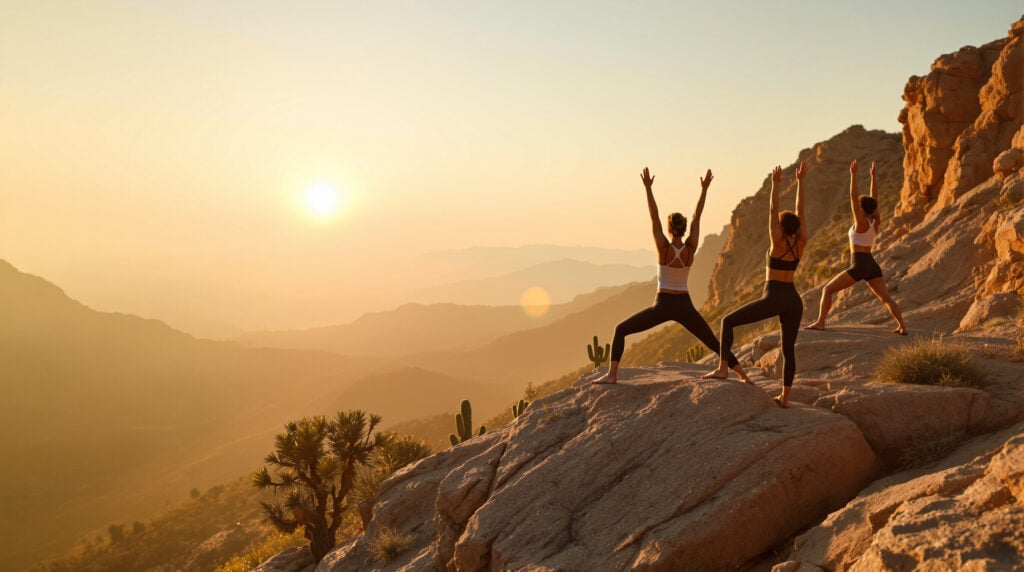 Three people practicing yoga at sunrise on a rocky desert cliff with warm golden light, sparse desert plants, and distant hazy mountains in the background.