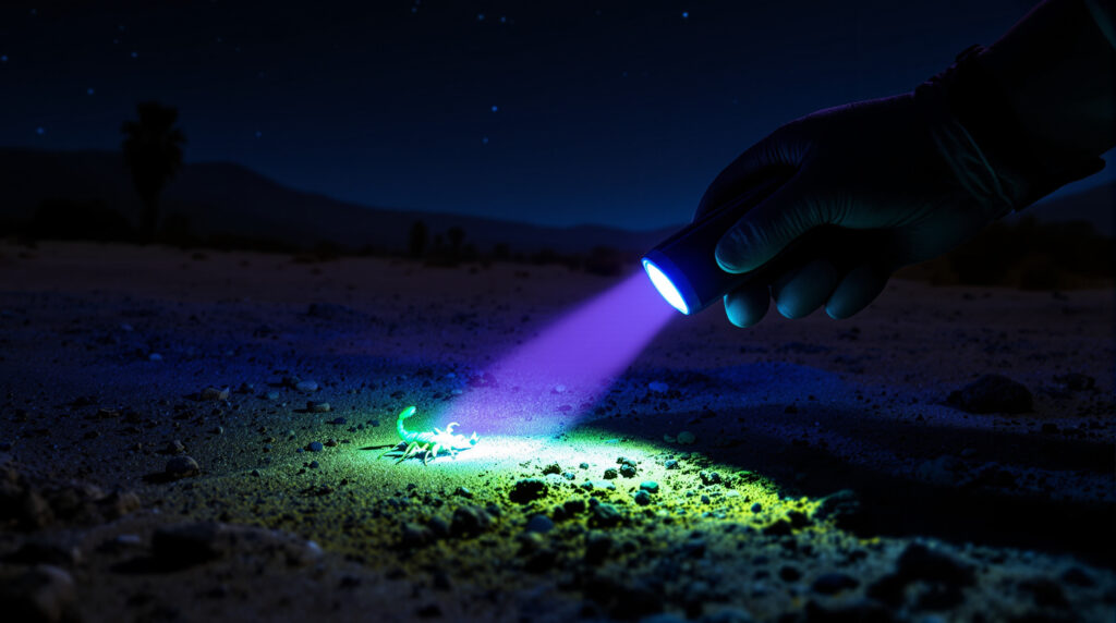 A glowing scorpion illuminated by a UV flashlight in a sandy desert at night, with a gloved hand holding the light and blurred desert plants in the background under a starry sky.