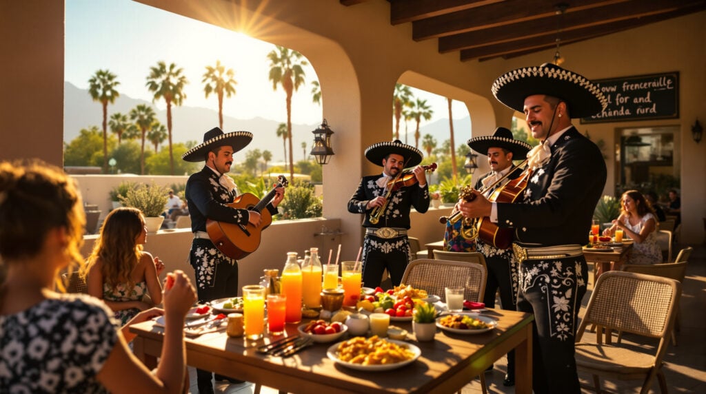 Mariachi musicians perform for diners enjoying brunch outdoors on a sunlit patio with rustic tables, colorful Mexican dishes, and desert mountains in the background.