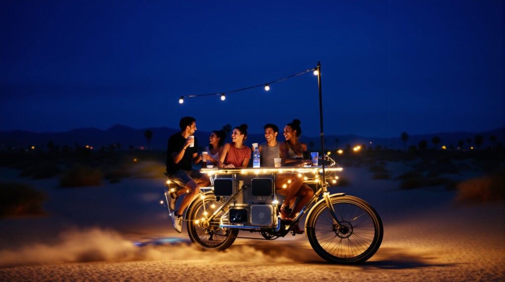 Group of young adults pedaling a lit-up bike bar along a sandy desert road at dusk, with palm trees and mountains in the background.