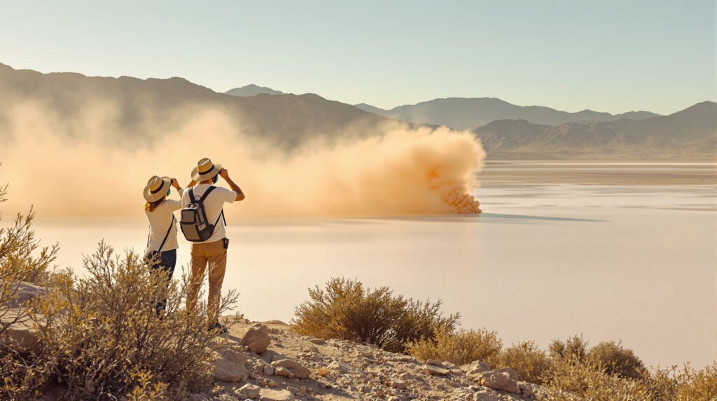 Two people in hats and dust masks observe a distant dust plume rising above a shimmering lake from a rocky desert overlook, with sparse bushes and hazy mountains in the background under soft afternoon sunlight.
