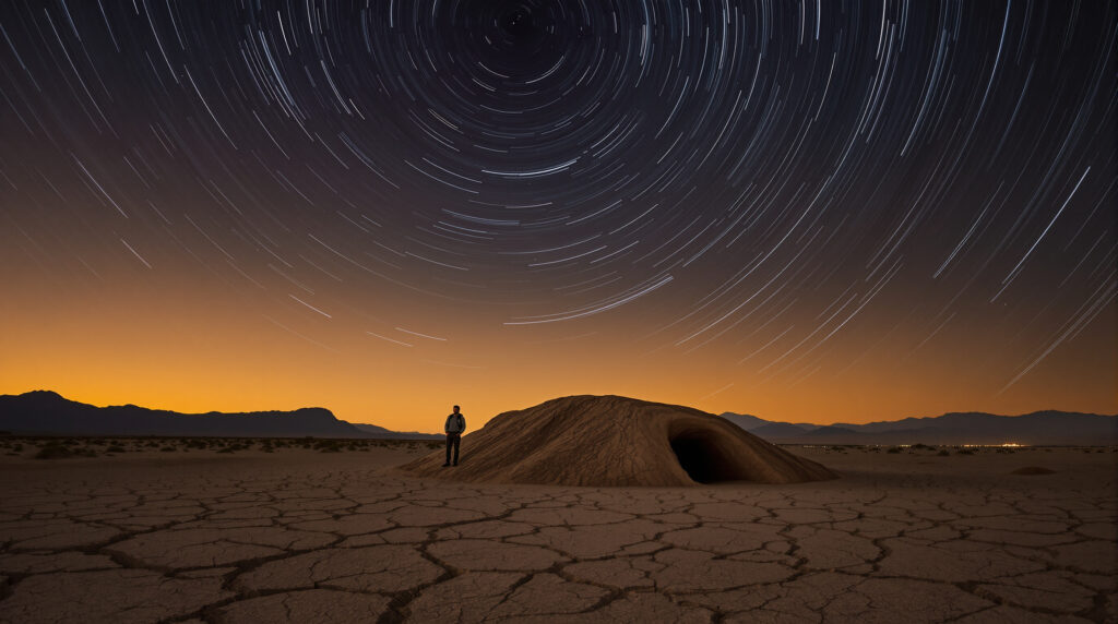 A lone hiker stands near a mud cave entrance under swirling star trails in a desert landscape at night.