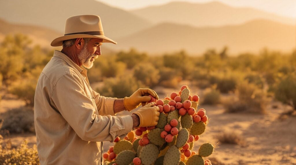 Person harvesting prickly-pear cactus fruit at sunrise in a desert landscape, wearing sun hat and gloves, with soft golden light and distant mountains