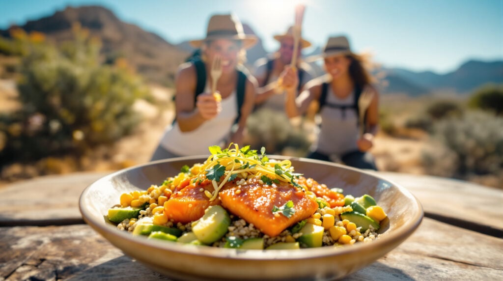 Vegan trout grain bowl with carrot fillets, avocado, and microgreens on a wooden table, with hikers in activewear preparing to eat at a sunlit desert trailhead.