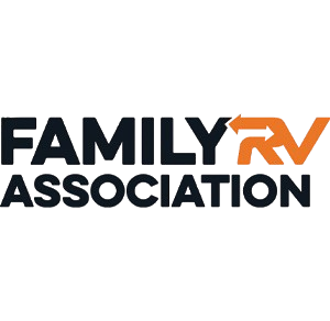 Logo for Family RV Association with "RV" in orange and a right-facing arrow integrated into the "V"; the rest of the text is in black on a light background.