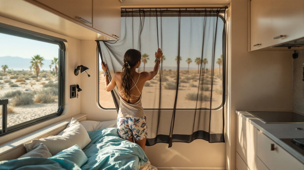 Young woman installs blackout curtain in RV window during sunny day in Coachella desert, warm light filtering inside, creating a cozy space for a midday nap.