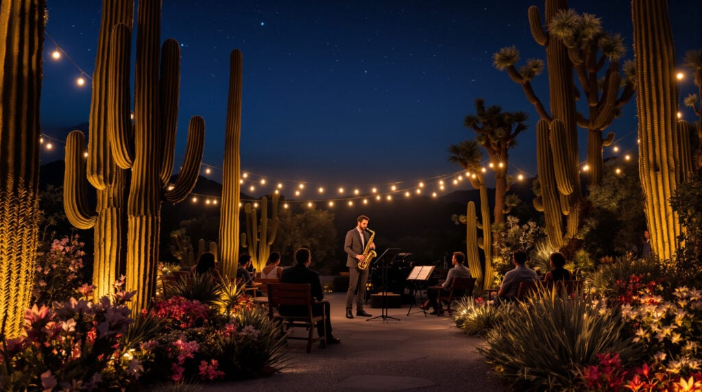 A jazz musician plays saxophone at dusk in a desert garden, surrounded by blooming cacti and string lights, with a small audience seated on benches under a twilight sky.