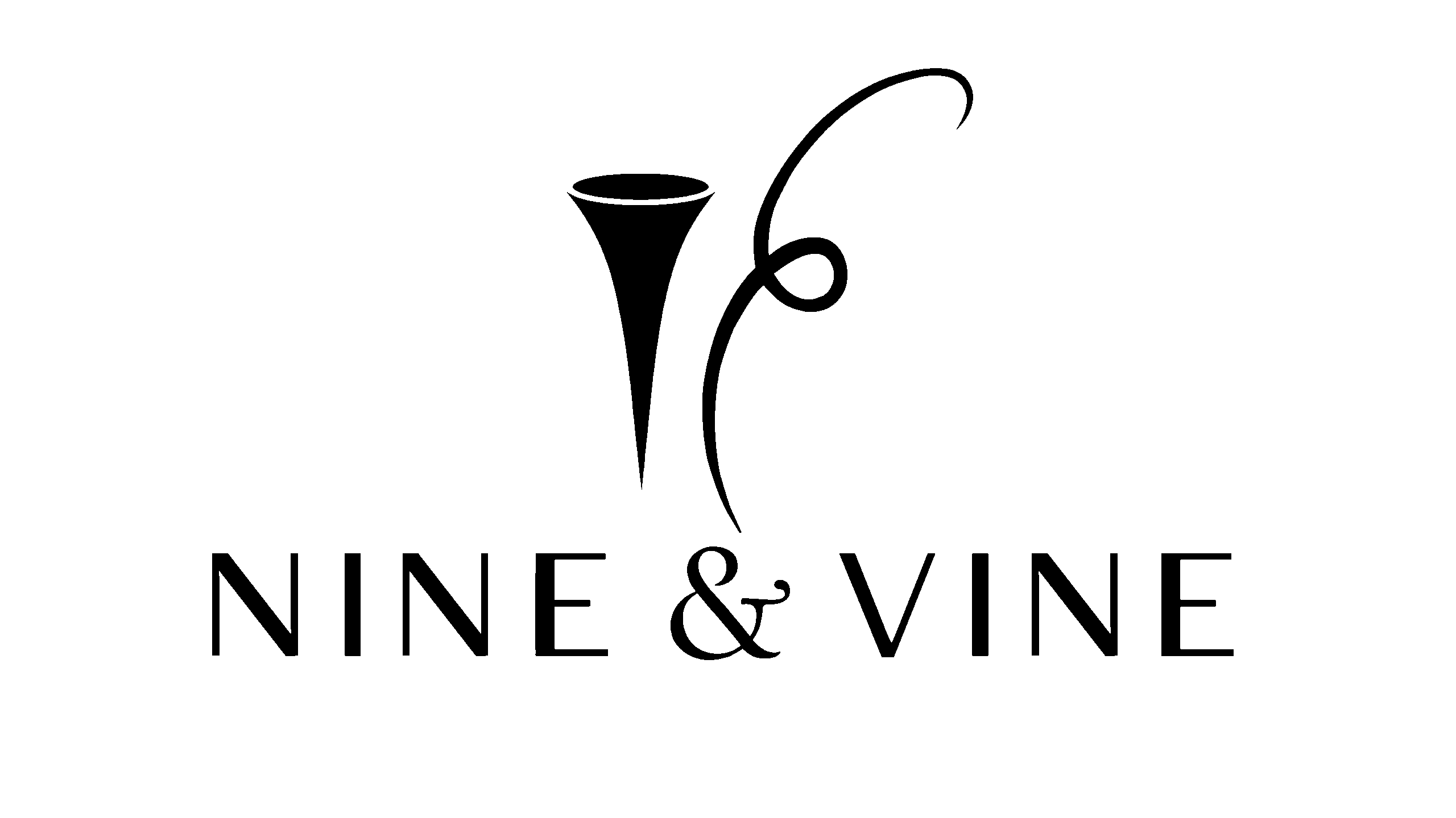 Black "NINE & VINE" text with a stylized trumpet and vine illustration above the words on a light background.