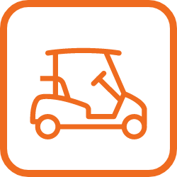 Orange outline icon of a golf cart on a white background with rounded square border.