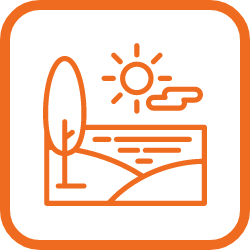 Line drawing of a landscape with a tree, hills, the sun, and a cloud, all enclosed in an orange rounded square border.