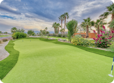 A small putting green with a flag, surrounded by palm trees, bushes, and flowering plants under a partly cloudy sky.