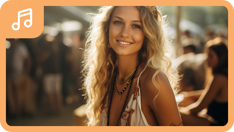 A woman with long blonde hair and bohemian attire smiles outdoors at a festival, surrounded by other people in the background.