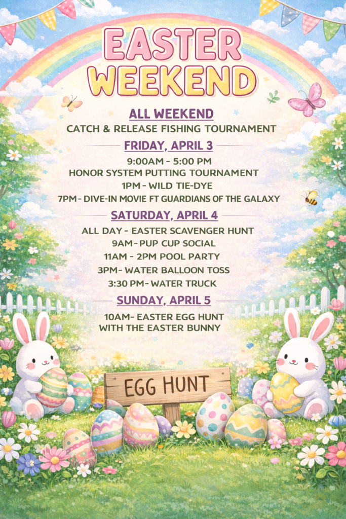 Colorful Easter event flyer displaying a weekend schedule with activities, including egg hunts, tournaments, and socials, set against a pastel spring background with bunnies, eggs, and flowers.