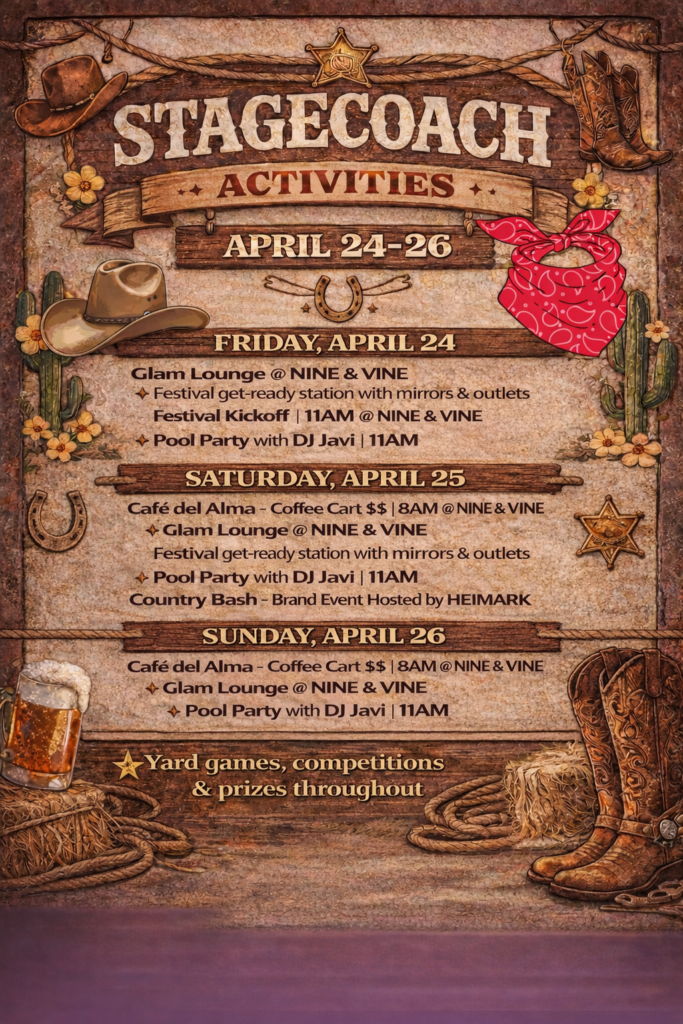 Stagecoach festival activities schedule for April 24-26, listing events such as live DJ sets, pool parties, and games, with a western-themed background featuring cowboy boots and hats.
