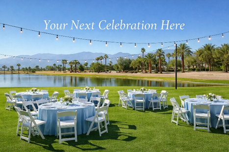 Outdoor event setup with round tables and white chairs on grass by a lake, string lights overhead, and mountains in the background. Text reads "Your Next Celebration Here.