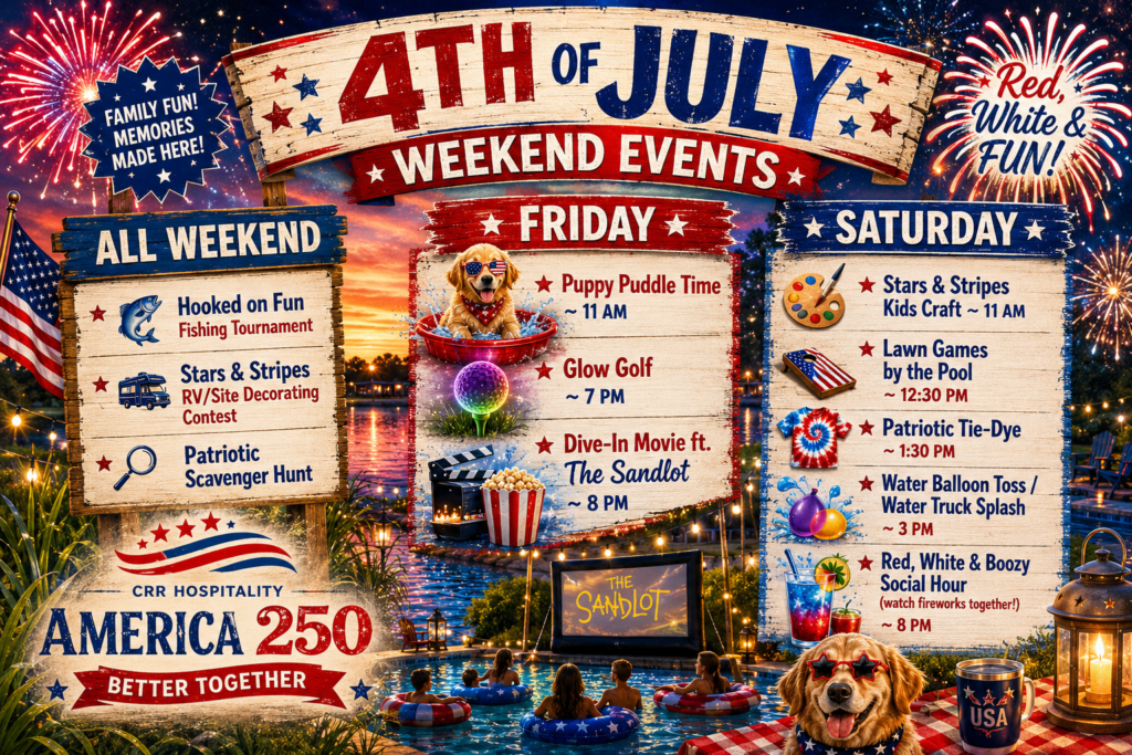 Colorful poster listing 4th of July weekend events, including fishing, RV decorating, scavenger hunt, puppy pool, movie night, lawn games, parade, water balloon toss, and a social hour.