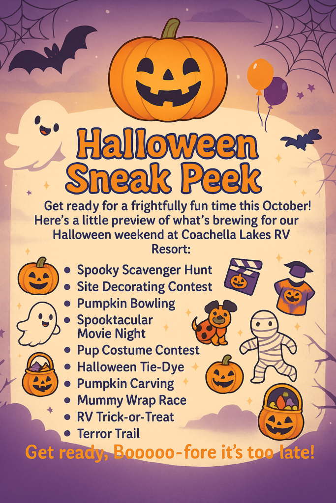 Halloween event poster with a pumpkin, ghost, bats, and event list including scavenger hunt, costume contest, movie night, and more at Coachella Lakes RV Resort.