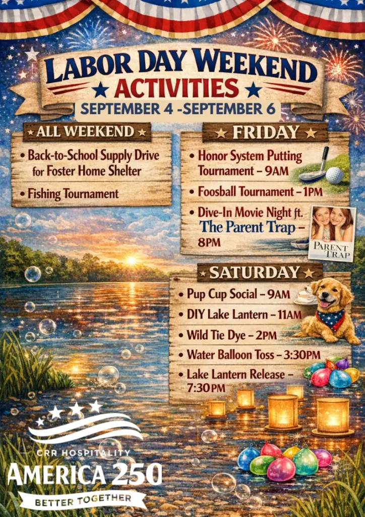 Labor Day Weekend schedule listing activities including a supply drive, tournaments, movie night, pup cup social, crafts, and games; event dates are September 4-6.