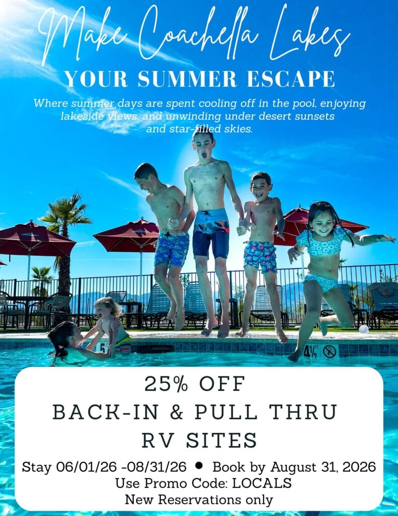 Four children jump into a pool at a resort with red umbrellas and lounge chairs in the background. Promotional text offers 25% off RV sites at Coachella Lakes with a booking code.