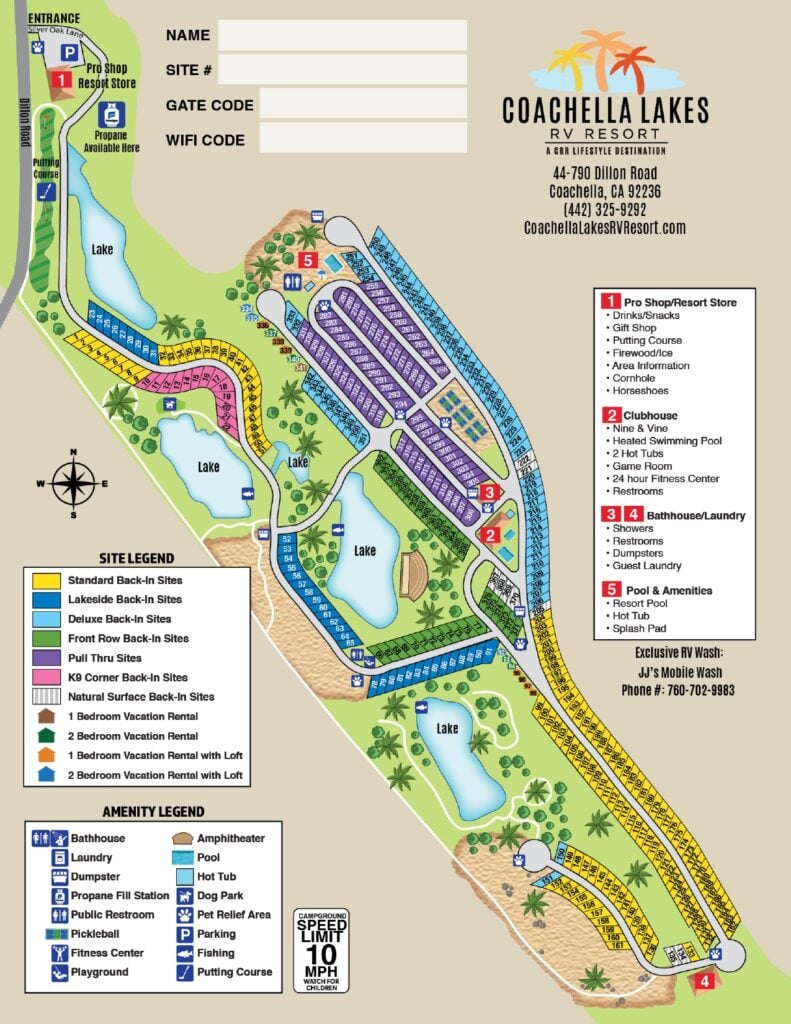 Colorful illustrated map of Coachella Lakes RV Resort showing roads, RV sites, lakes, amenities, and key locations such as the pool, clubhouse, restrooms, and entrance.