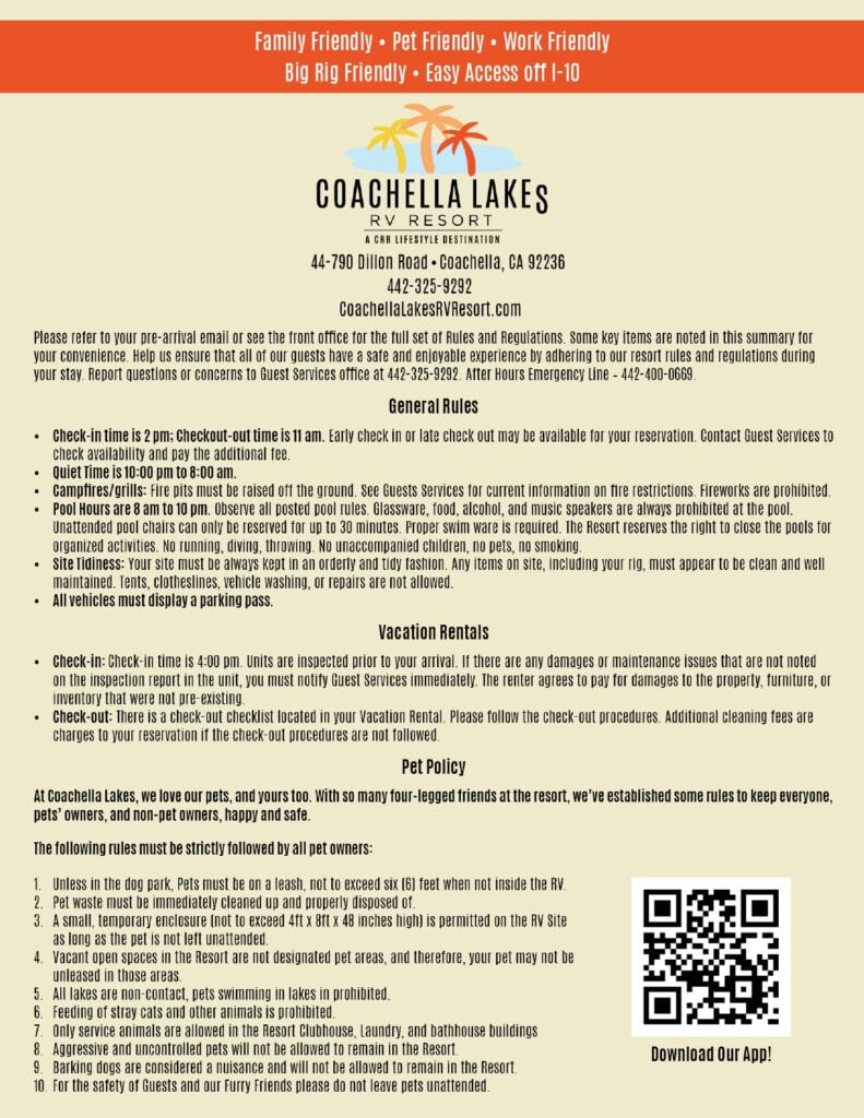 Informational poster for Coachella Lakes RV Resort displaying address, contact info, general rules, check-in/out times, and pet/campsite policies on a yellow background.