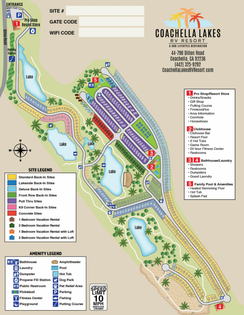 Map of Coachella Lakes RV Resort showing site layout, amenities, lakes, roadways, and locations of main facilities such as clubhouse, pools, and pet areas.