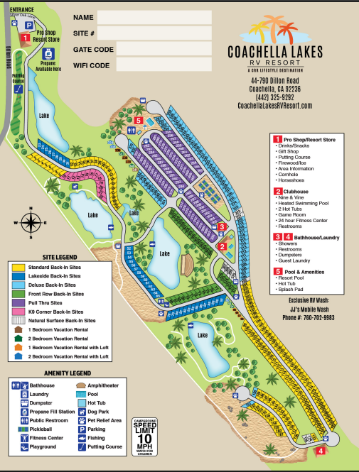 Map of Coachella Lakes RV Resort showing entrance, various RV sites, amenities like pool, clubhouse, dog park, lakes, laundry, and designated parking and roadways.