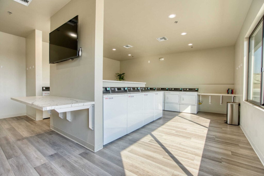 Modern laundry room with multiple front-loading washing machines, a folding table, flatscreen TV on the wall, light wood flooring, and large windows letting in natural light.