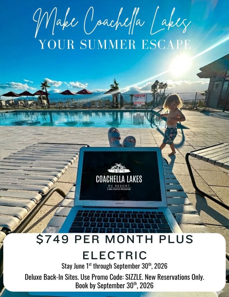 A laptop on a poolside table displays a Coachella Lakes ad; a child runs by the pool under sunny skies, with palm trees and lounge chairs in the background.