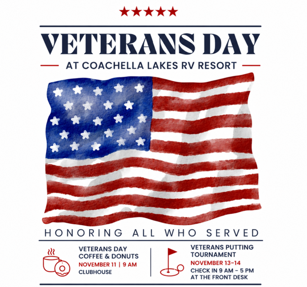 Illustration of an American flag with text promoting Veterans Day events at Coachella Lakes RV Resort, including coffee, donuts, and a putting tournament.
