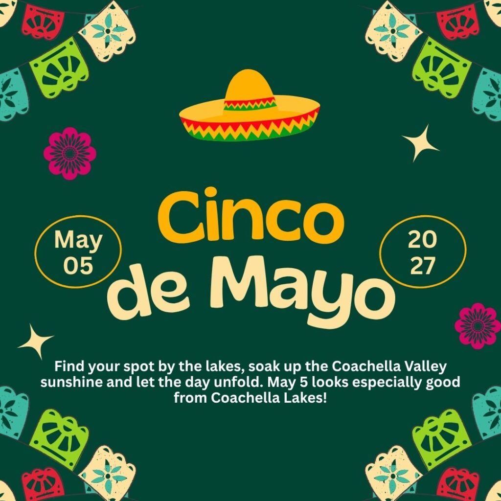 Cinco de Mayo 2027 event graphic with sombrero and colorful papel picado banners, plus event details and festive decorations.