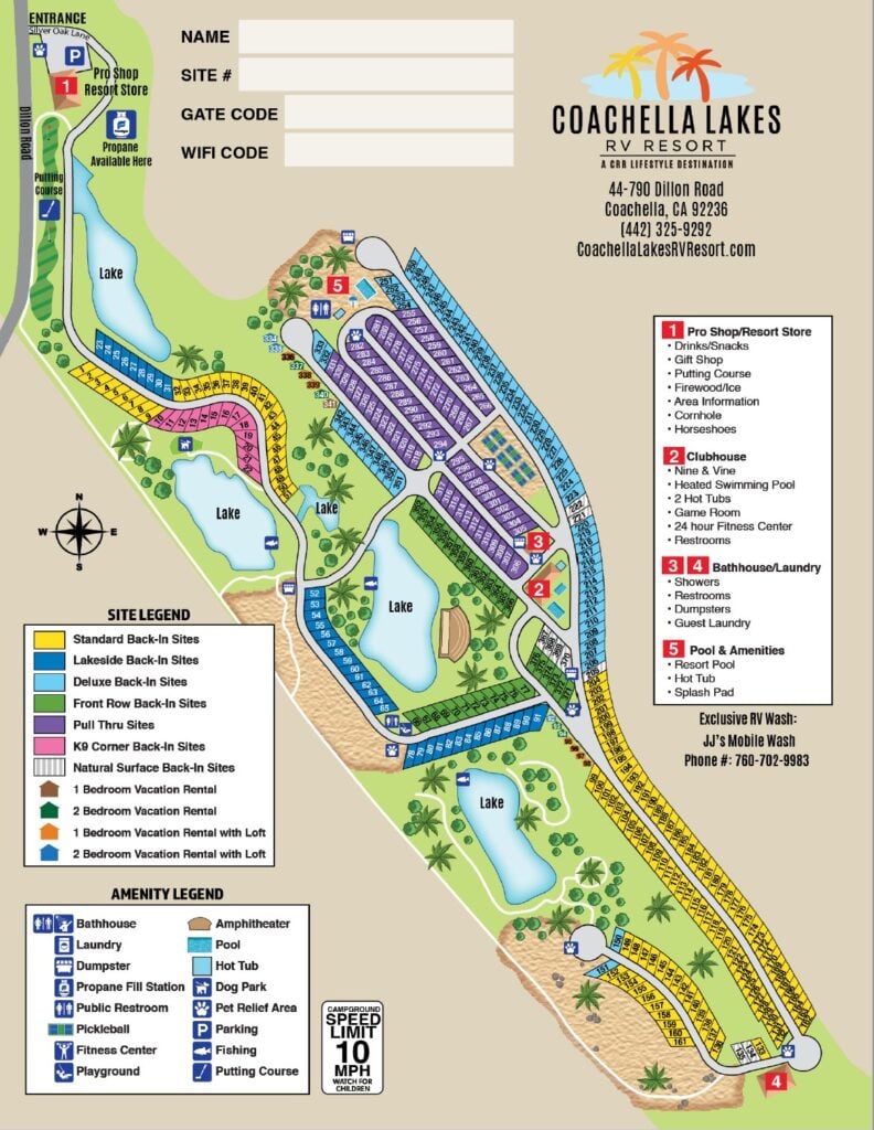 Map of Coachella Lakes RV Resort showing sites, amenities, lakes, pools, clubhouse, activity center, laundry, and shop locations, with labeled roads and color-coded legend for site types and facilities.
