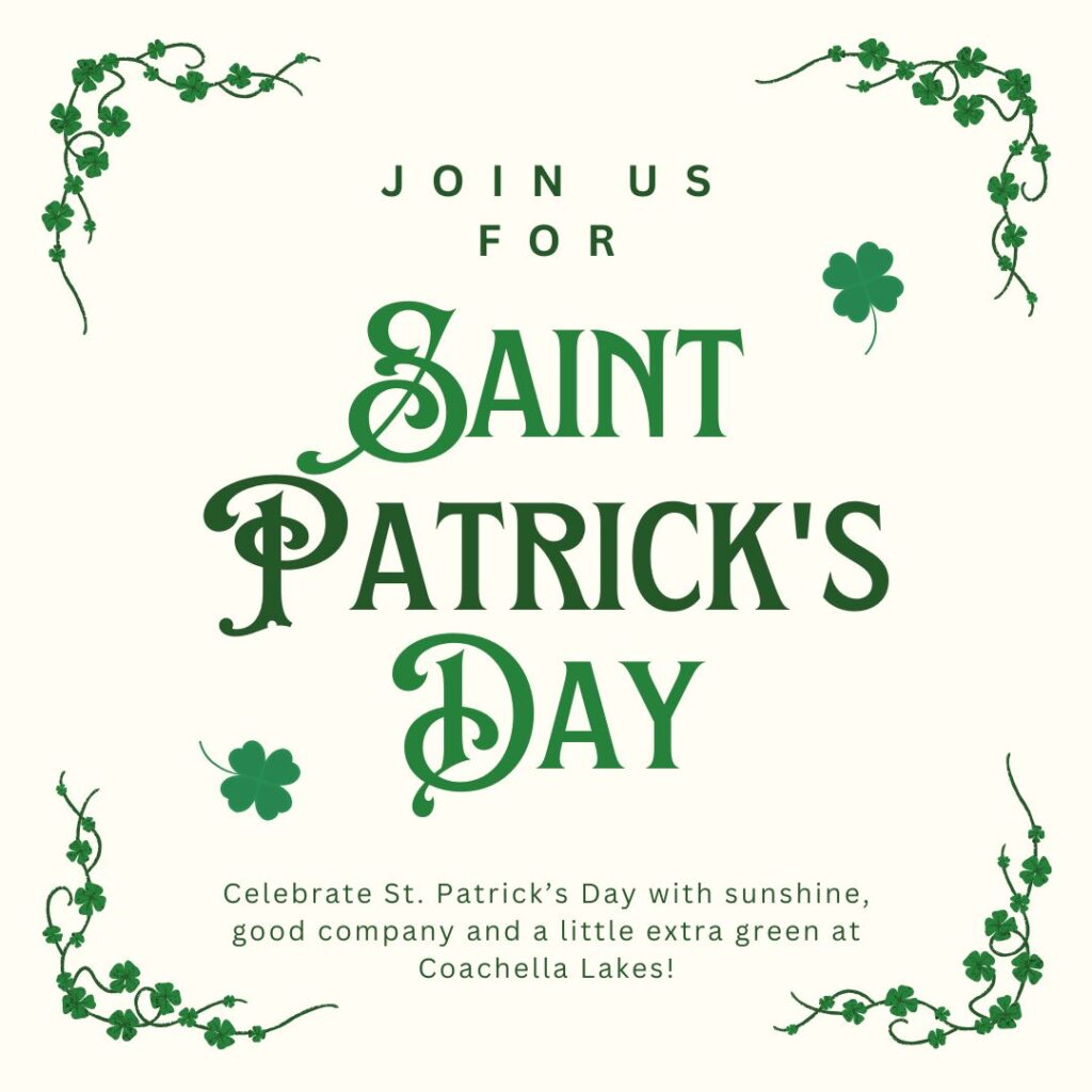 St. Patrick’s Day event invitation with green text, shamrocks, and decorative vines on a cream background.