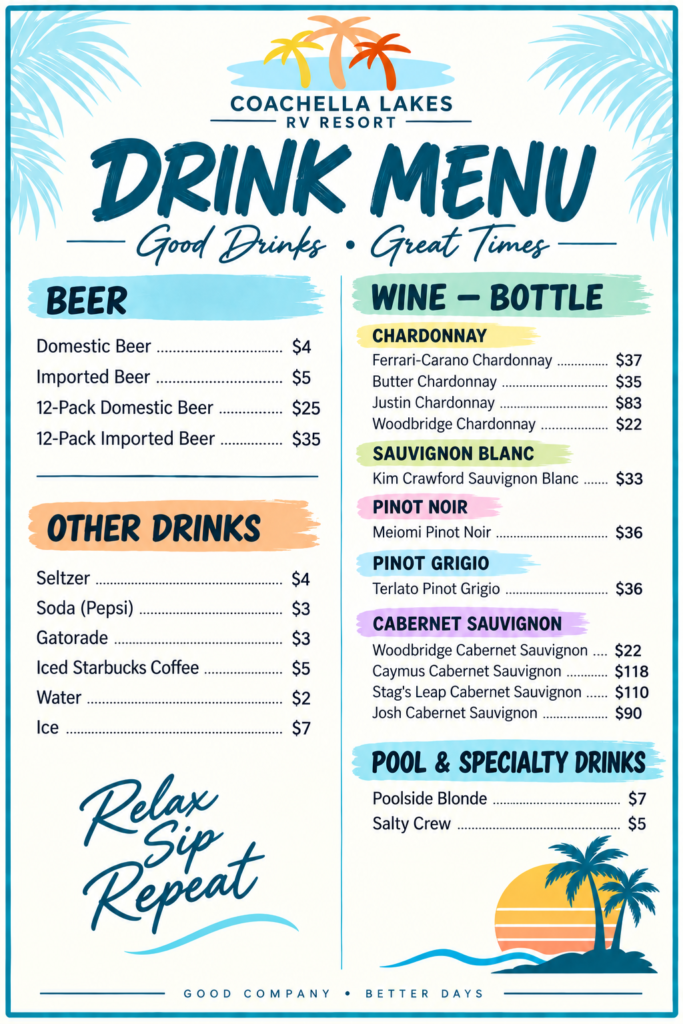Coachella Lakes RV Resort drink menu listing beers, other drinks, wine bottles, and pool specialty drinks with prices on a blue and white background.