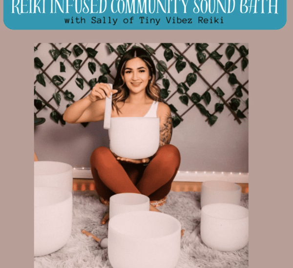 A woman sits cross-legged on a rug surrounded by white sound bowls, holding a mallet, with a leafy backdrop behind her. Text above reads "Reiki Infused Community Sound Bath.